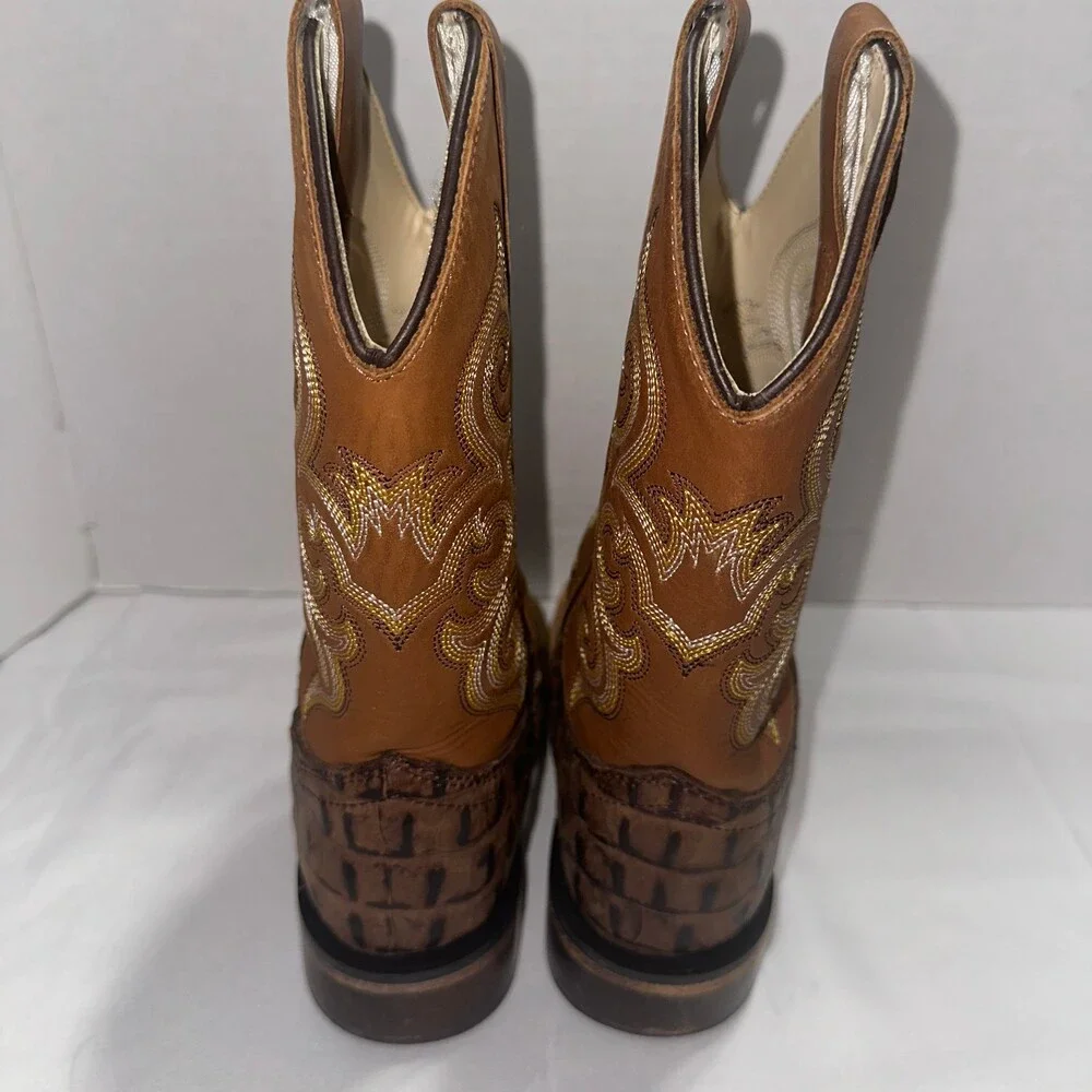 Old West Kids 12.5 D Cowboy Boots Brown Croc Embossed Leather Square Toe